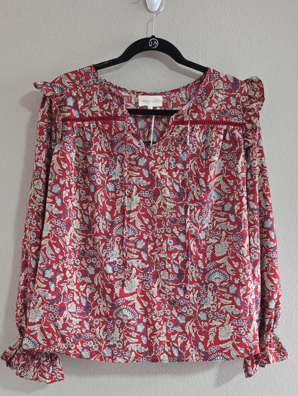 NWT Melloday Red Floral Paisley Boho Peasant Blouse Size L
